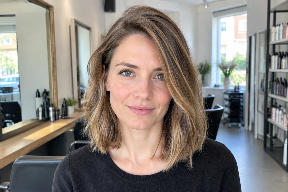 Frau mit schulterlangem Long Bob in Bronde-Farbverlauf