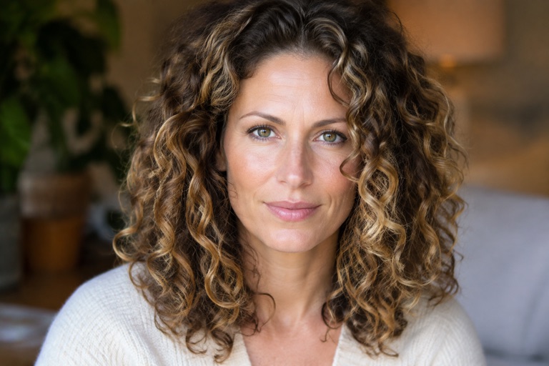 Frau mit lockigem Haar und Bronde-Farbe, Locken betonen den Verlauf