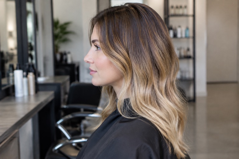 Seitenansicht einer Frau mit Bronde-Haar und sichtbarem Farbverlauf