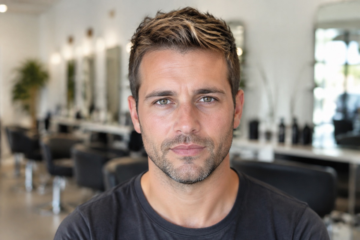 Mann mit kurzem Haarschnitt und dezenter Bronde-Färbung