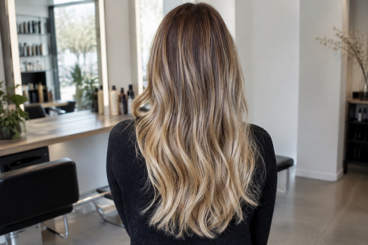 Rückansicht einer Frau mit Bronde-Haar und sichtbarem Verlauf über die ganze Länge