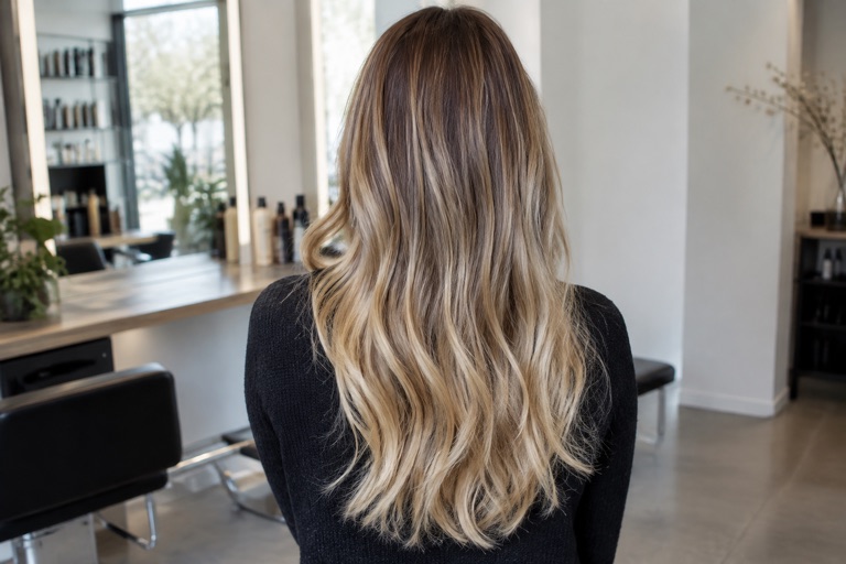 Rückansicht einer Frau mit Bronde-Haar und sichtbarem Verlauf über die ganze Länge