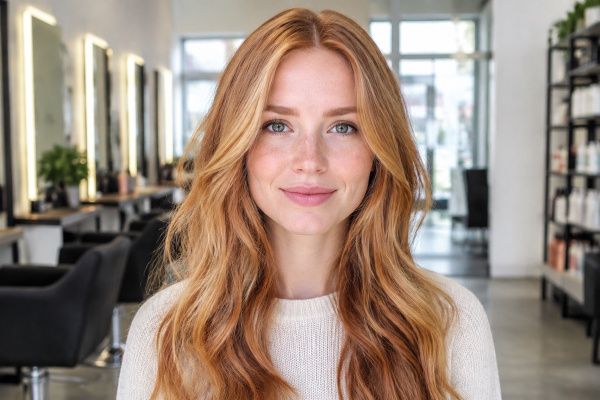 Frau mit langen Haaren in warmem, leuchtendem Strawberry Blonde