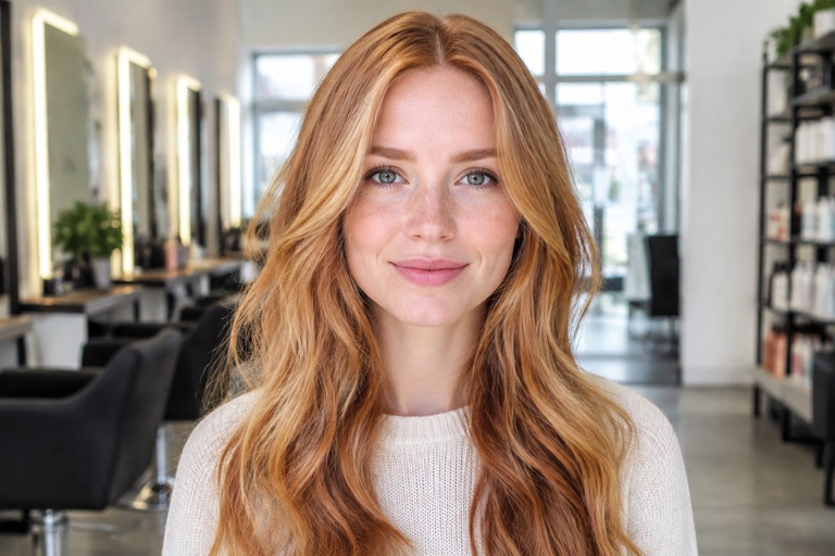 Frau mit langen Haaren in warmem, leuchtendem Strawberry Blonde