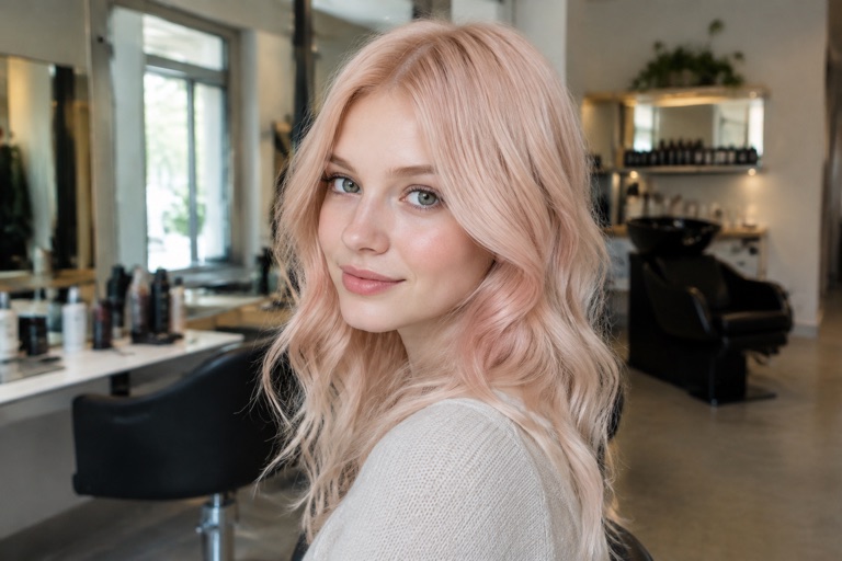 Frau mit sehr hellem, zart pastelligem Erdbeerblond
