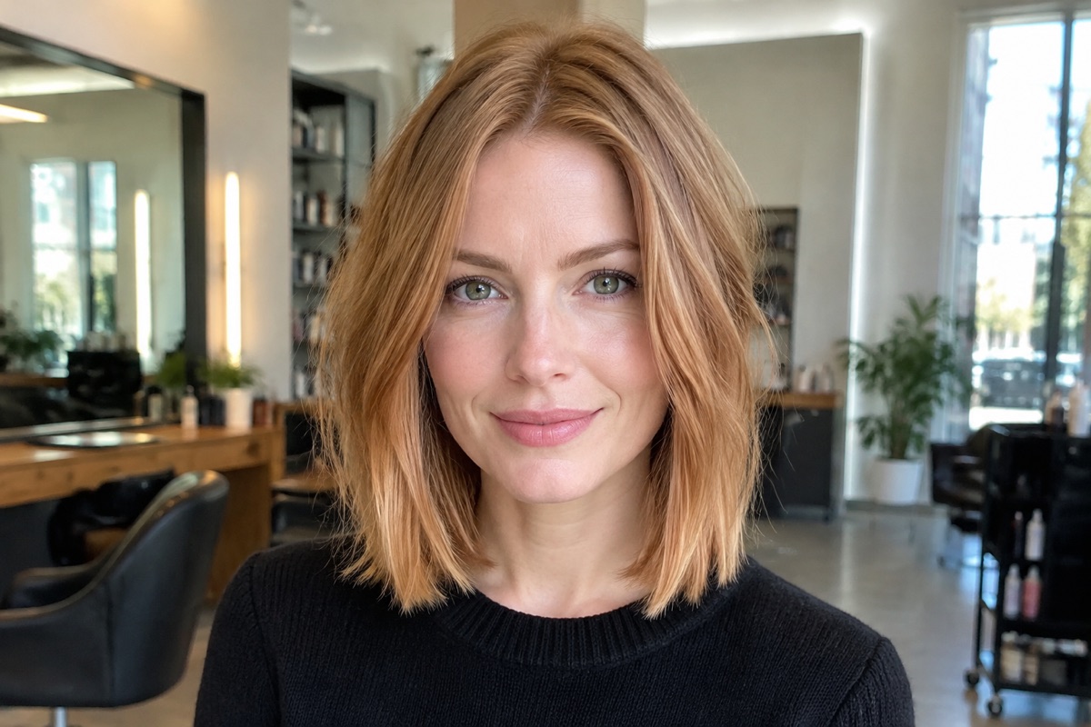 Frau mit schulterlangem Long Bob in warmem Erdbeerblond