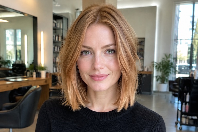 Frau mit schulterlangem Long Bob in warmem Erdbeerblond