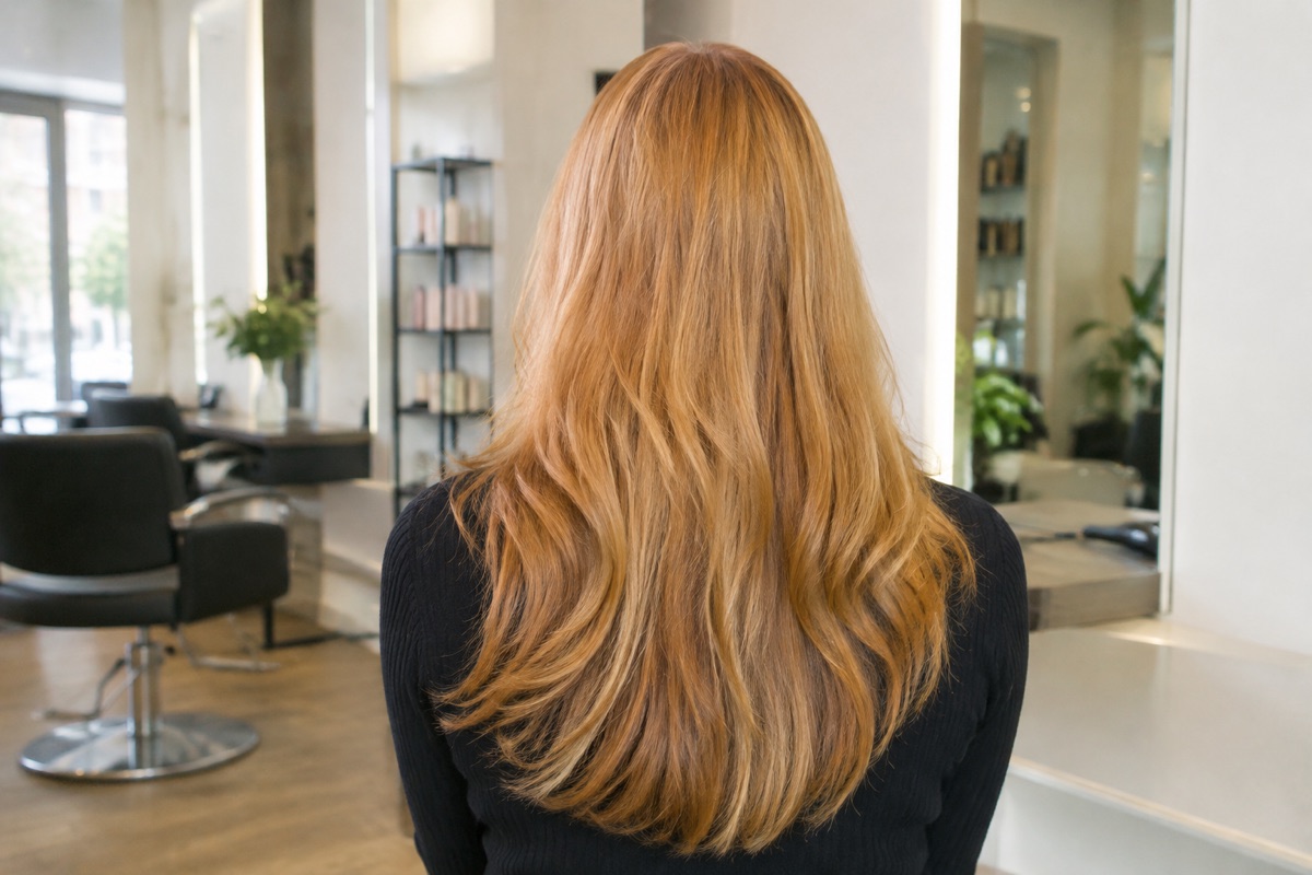 Rückansicht einer Frau mit langen erdbeerblonden Haaren und gleichmäßigem Ton