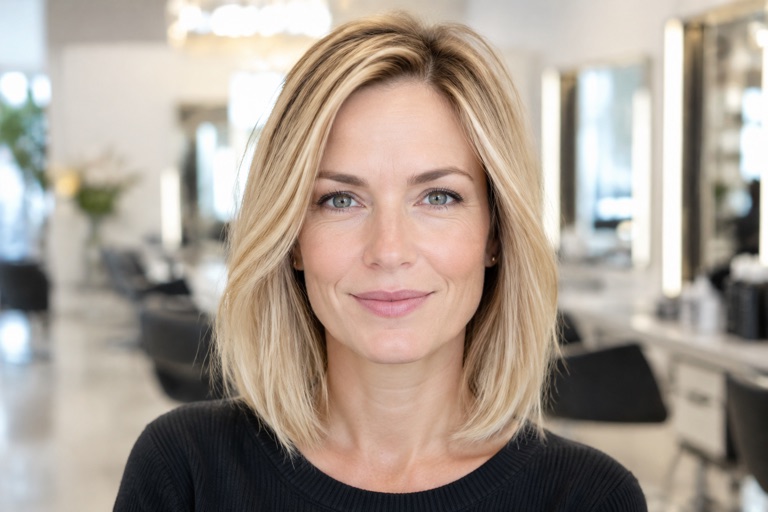 Frau mit schulterlangem Long Bob in Goldblond
