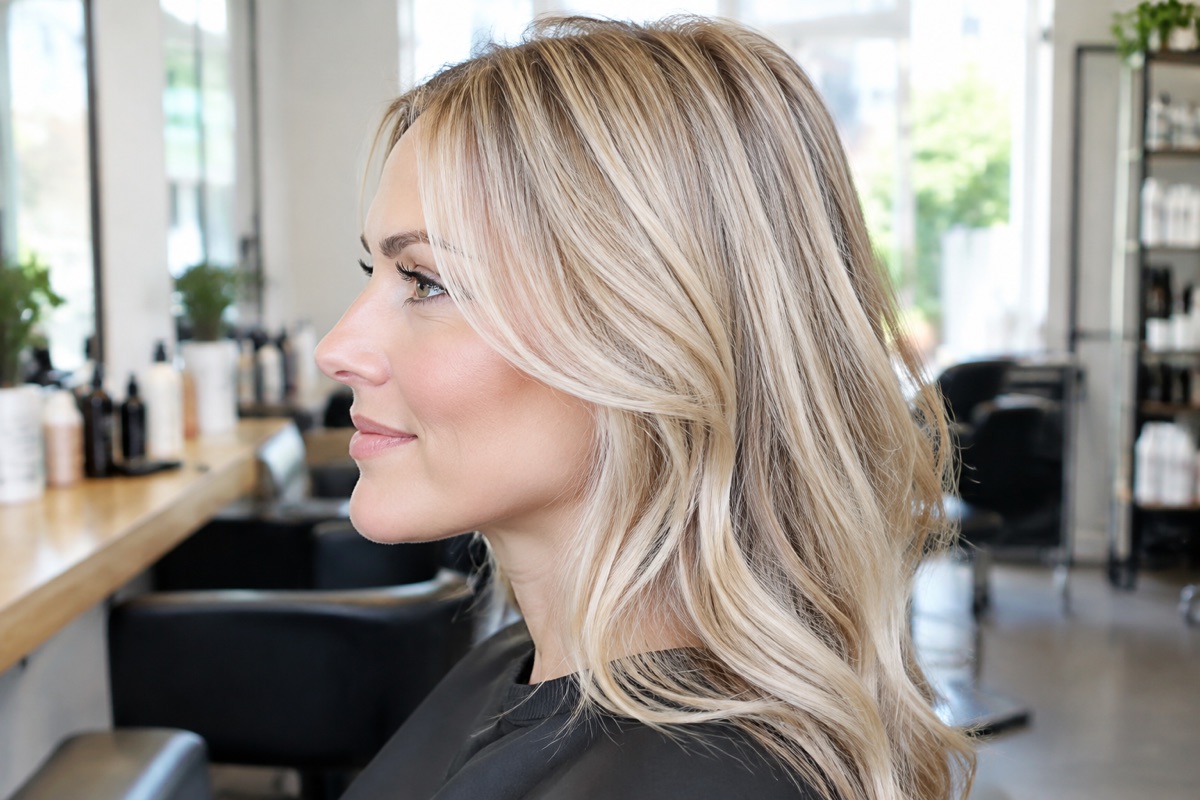 Seitenansicht einer Frau mit Goldblond und feinen Babylights