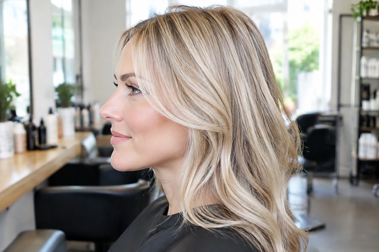 Seitenansicht einer Frau mit Goldblond und feinen Babylights