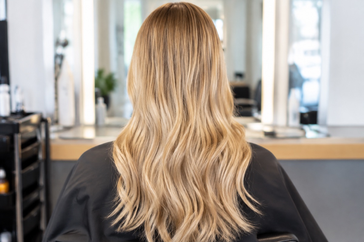 Rückansicht von langem Goldblond mit gleichmäßiger Farbverteilung