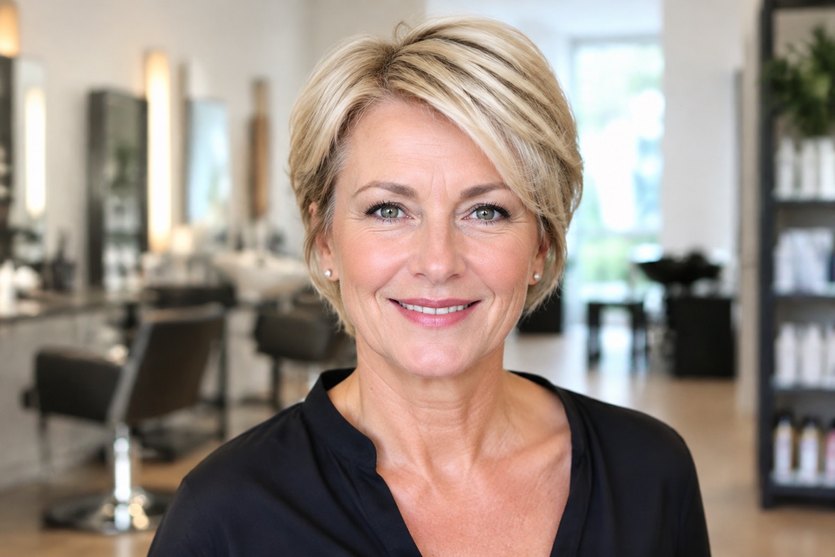 Frau um die 55 mit kurzem, gepflegtem Goldblond
