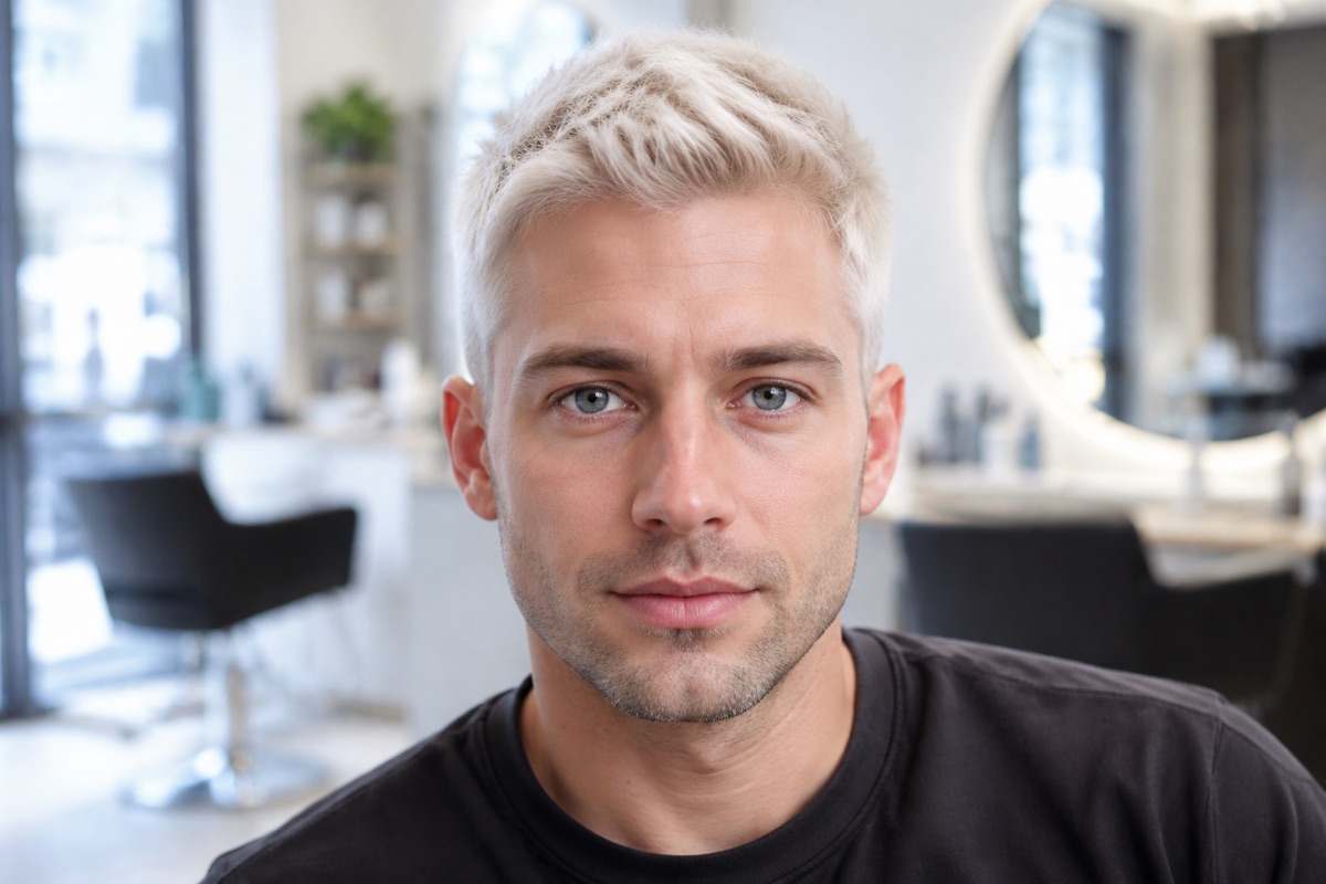 Mann mit kurzem, blondiertem Haar nach dem Abmattieren eines Gelbstichs