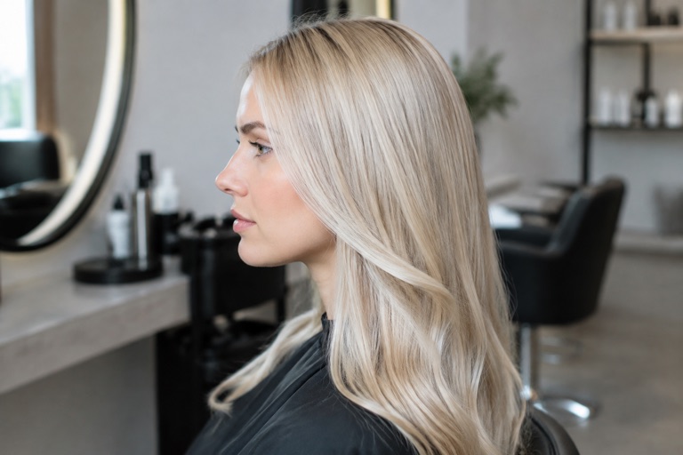 Seitenansicht einer Frau mit kühl abgemattiertem, glänzendem Blond