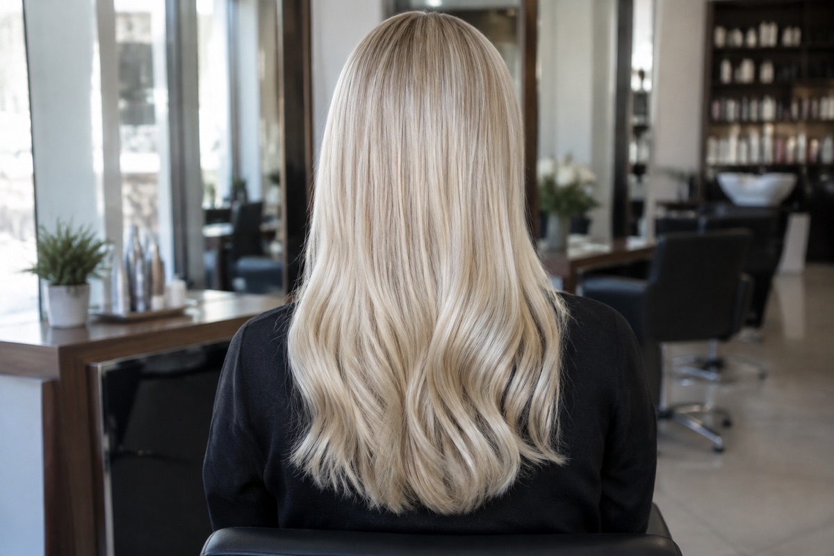 Rückansicht einer Frau mit langen, abgemattierten blonden Haaren und gleichmäßigem Ton