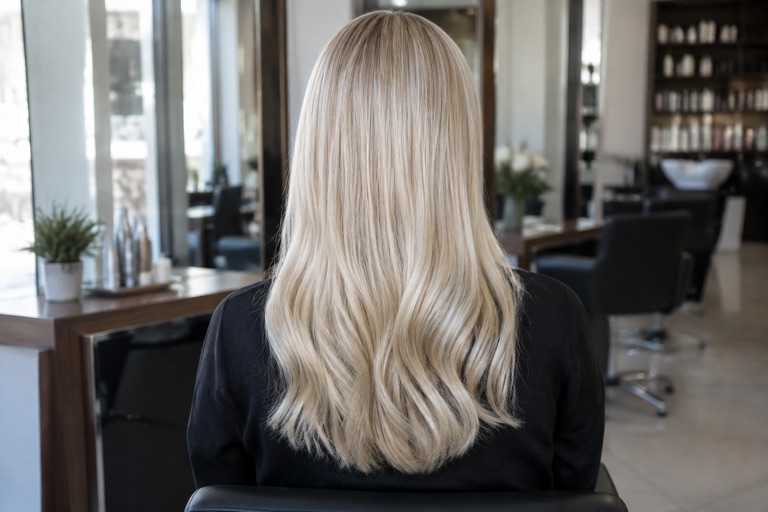 Rückansicht einer Frau mit langen, abgemattierten blonden Haaren und gleichmäßigem Ton