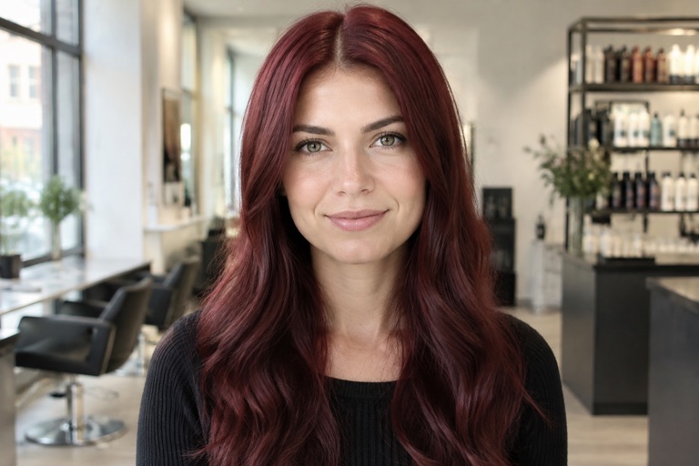 Frau mit langen Haaren in tiefem, klassischem Bordeauxrot
