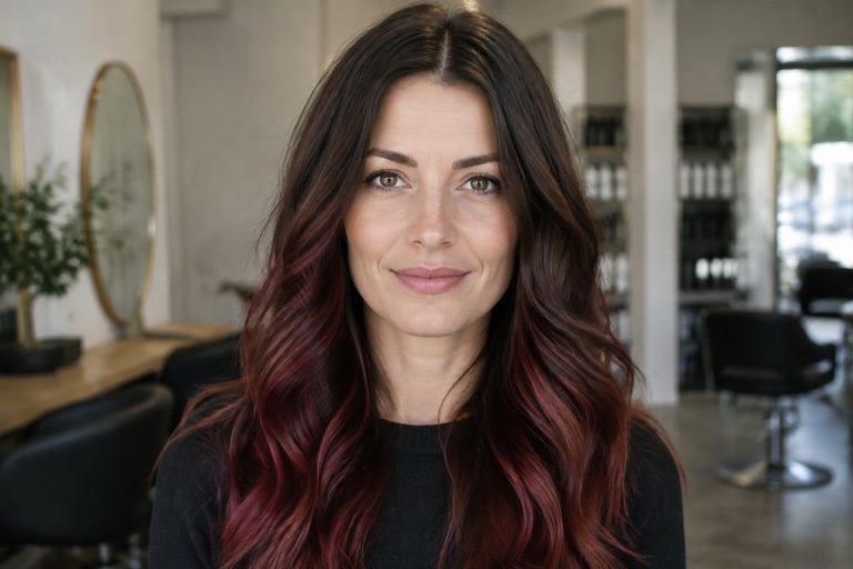 Frau mit braunem Haar und Bordeauxrot-Balayage in den Längen