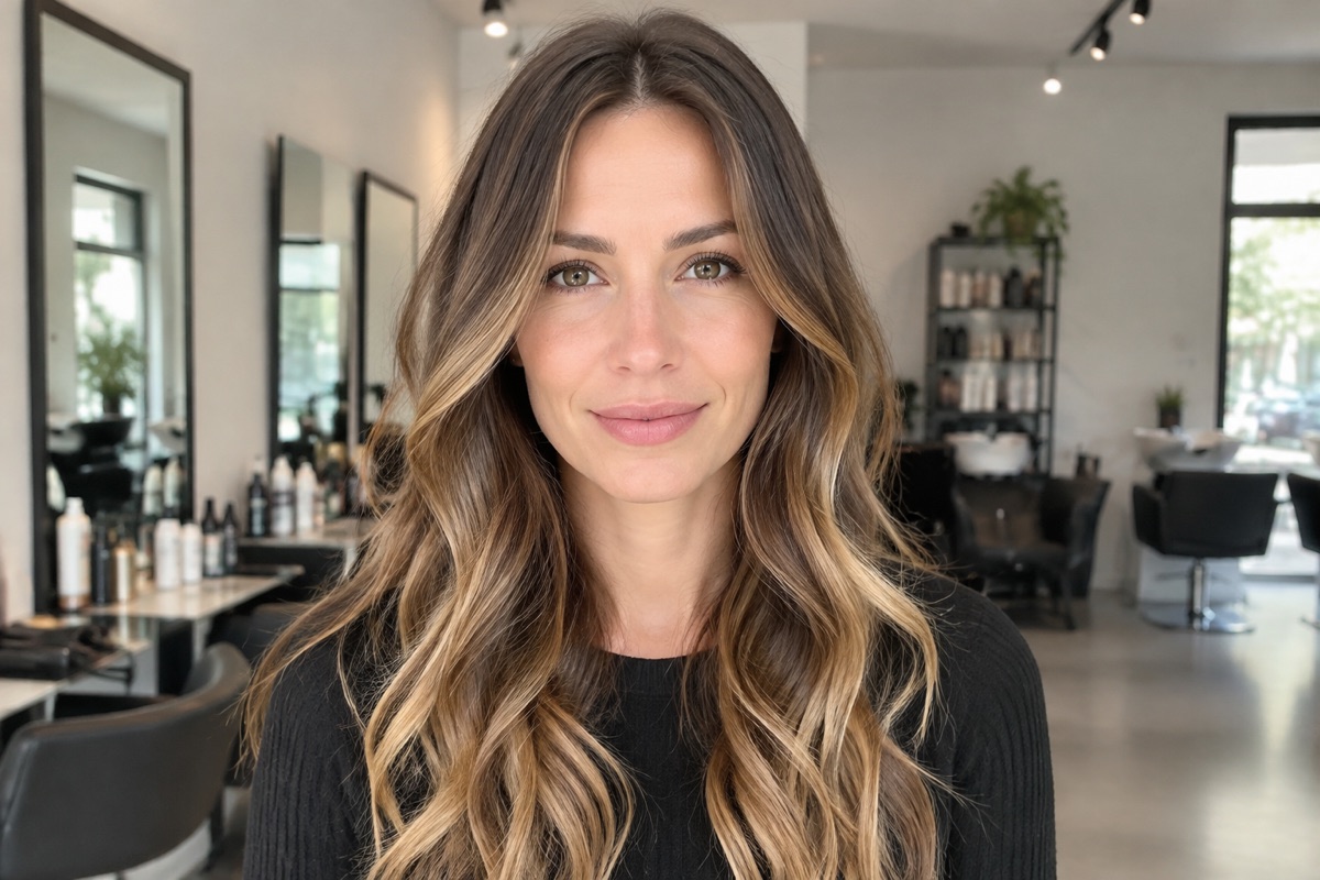 Frau mit langen Haaren und klassischer Caramel-Balayage auf Braun