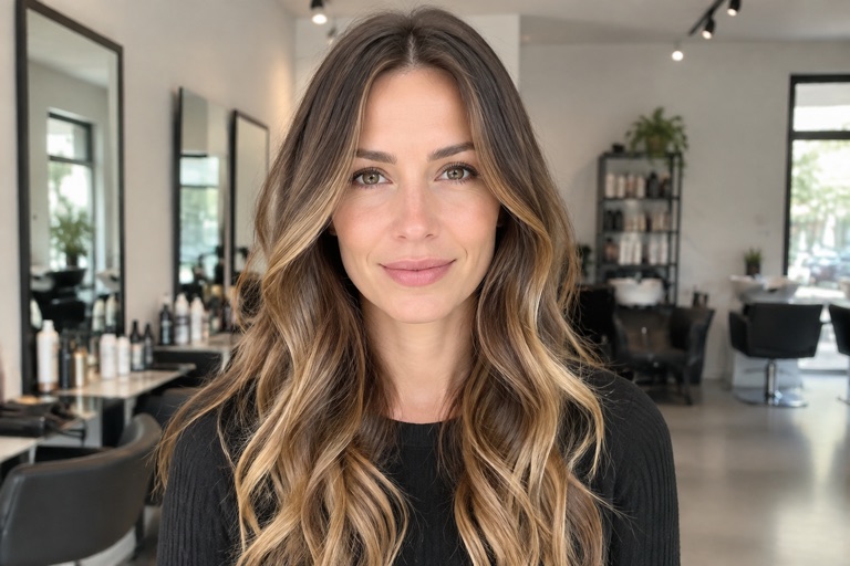 Frau mit langen Haaren und klassischer Caramel-Balayage auf Braun