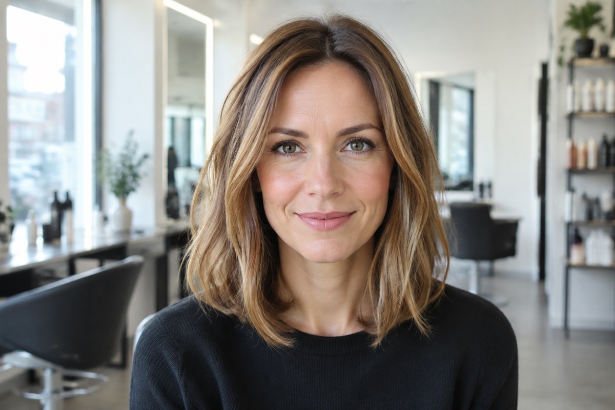 Frau mit schulterlangem Long Bob in warmem Goldbraun-Caramel