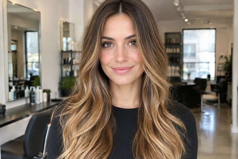 Frau mit langen Haaren und warmer Karamellblond-Balayage im Sonnenlicht