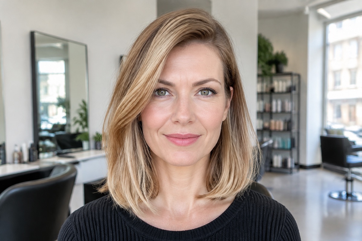 Frau mit schulterlangem Long Bob in Karamellblond