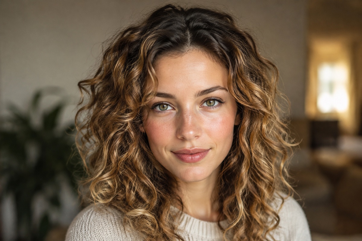 Frau mit lockigem Haar und Karamellblond-Strähnen, die die Locken betonen