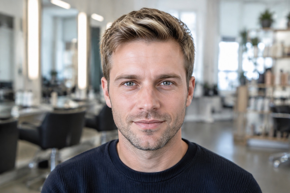 Mann mit kurzem Haarschnitt und dezenten Karamellblond-Strähnen
