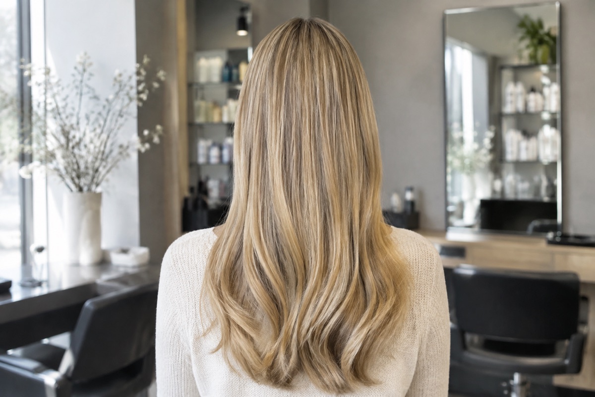 Rückansicht einer Frau mit Karamellblond-Haaren und gleichmäßigem Verlauf