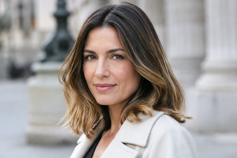 Frau mit schulterlangem Haar und Nussbraun-Balayage von dunklem Ansatz zu helleren Spitzen