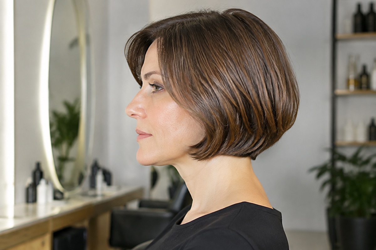Frau mit kurzem Bob in Haselnussbraun, Blick zur Seite