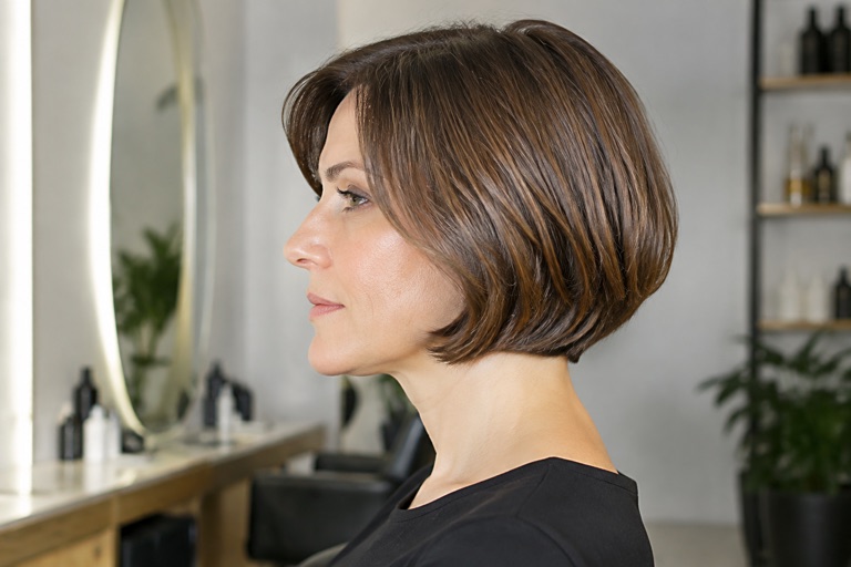 Frau mit kurzem Bob in Haselnussbraun, Blick zur Seite