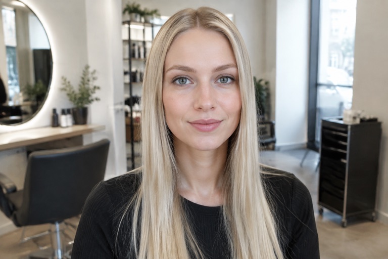 Frau mit glattem, hellblondem Haar in neutraler Nuance