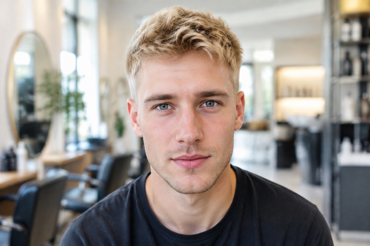 Mann mit kurzem Haarschnitt in hellblonder Farbe