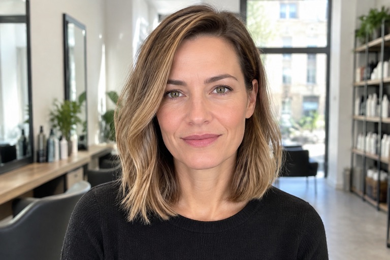Frau mit schulterlangem Long Bob und weicher Hellbraun-Balayage
