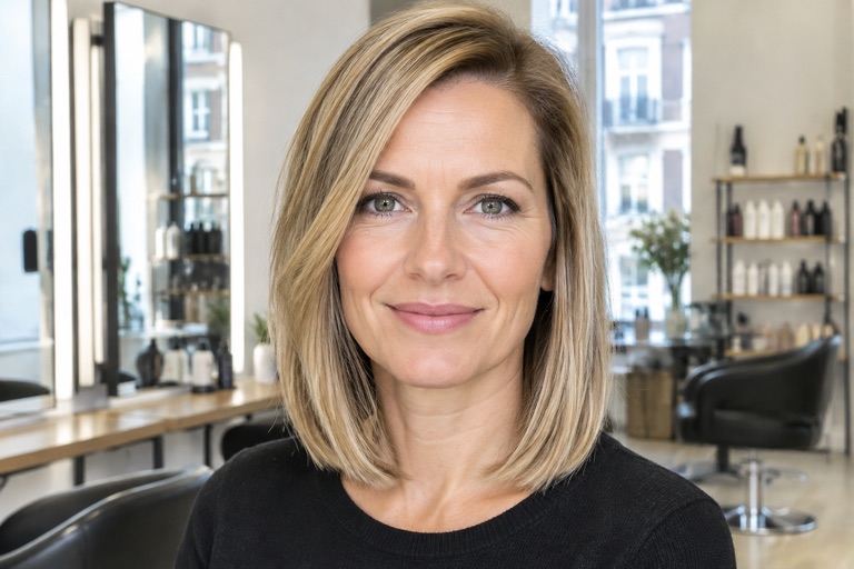 Frau mit schulterlangem Long Bob in warmem Honigblond