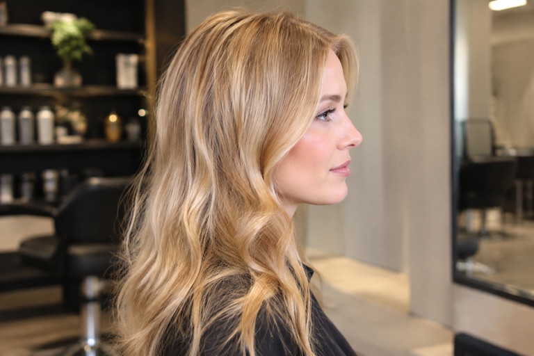 Seitenansicht einer Frau mit Honigblond und sichtbarem Goldschimmer