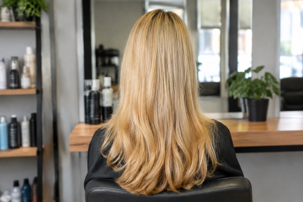 Rückansicht einer Frau mit langem Honigblond-Haar und gleichmäßigem Goldton