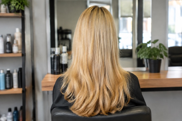 Rückansicht einer Frau mit langem Honigblond-Haar und gleichmäßigem Goldton
