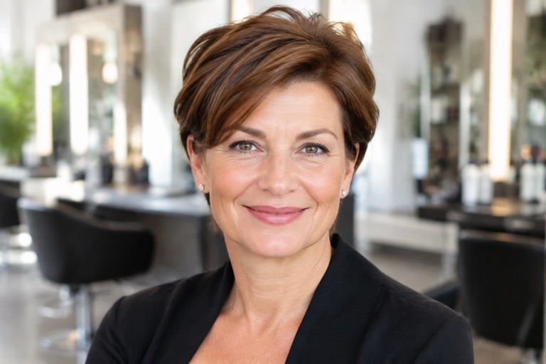 Frau um die 55 mit kurzem, elegantem Kastanienbraun