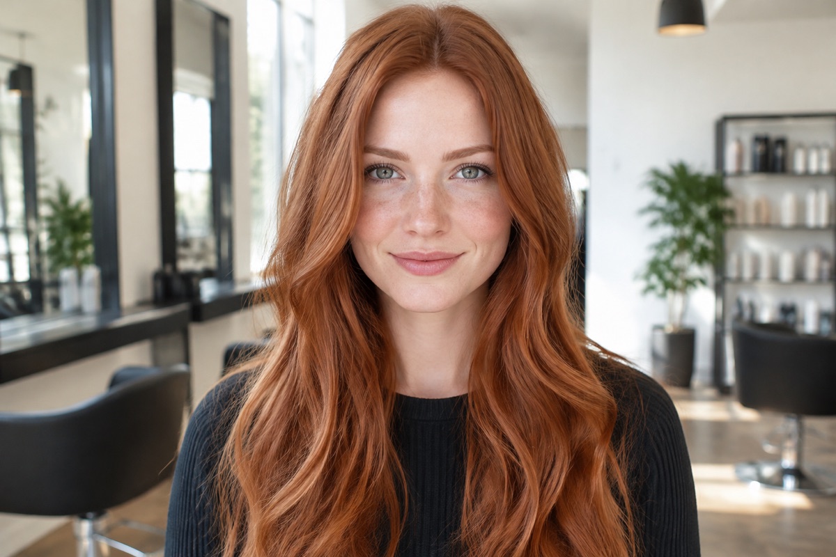 Frau mit langen Haaren in leuchtendem, klassischem Kupfer
