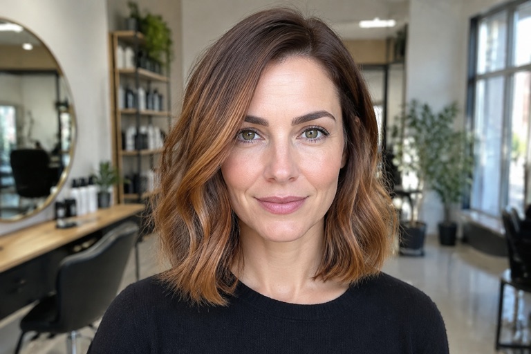 Frau mit schulterlangem Long Bob und weicher Kupfer-Balayage