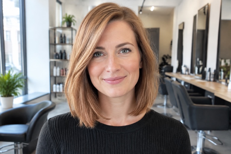Frau mit schulterlangem Long Bob in warmem Kupferblond