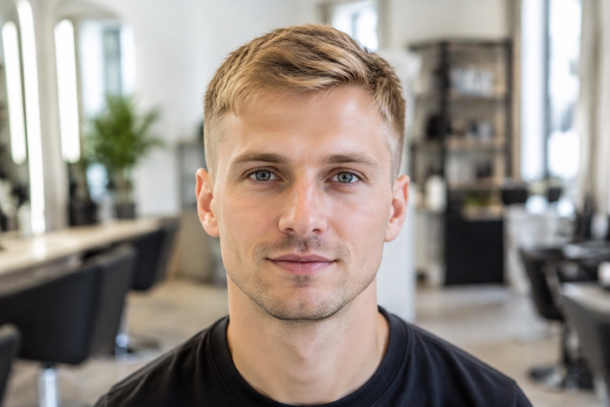 Mann mit kurzem Haarschnitt und dezentem Kupferblond-Schimmer