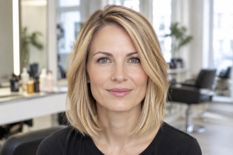 Frau mit schulterlangem Long Bob in warmem Mittelblond