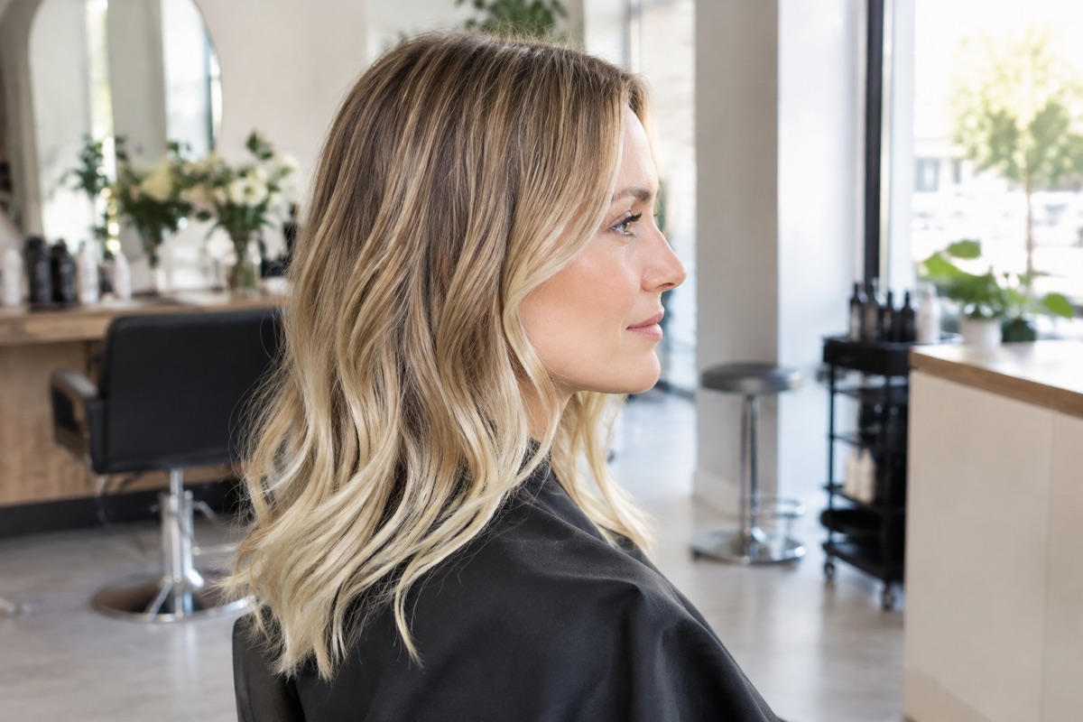 Seitenansicht einer Frau mit Mittelblond und hellen Balayage-Strähnen