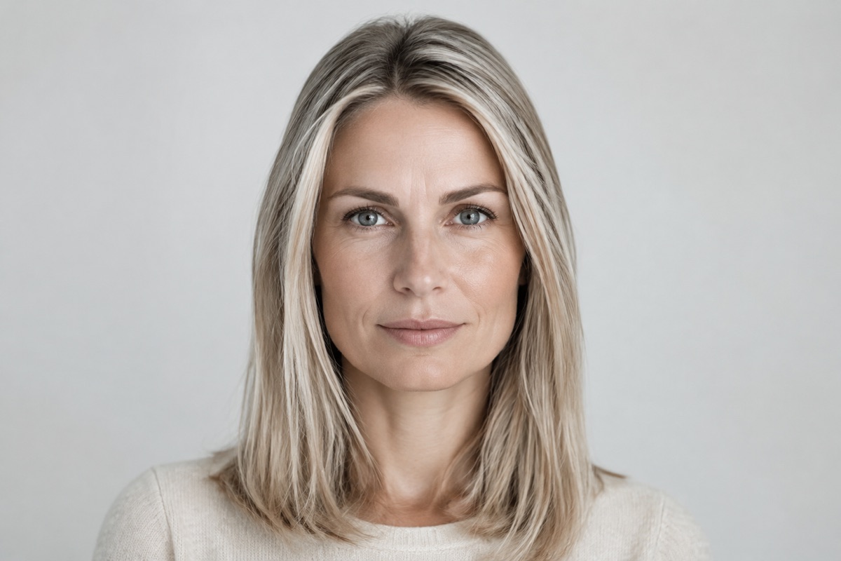 Frau mit glattem Mittelblond und kühler, aschiger Nuance