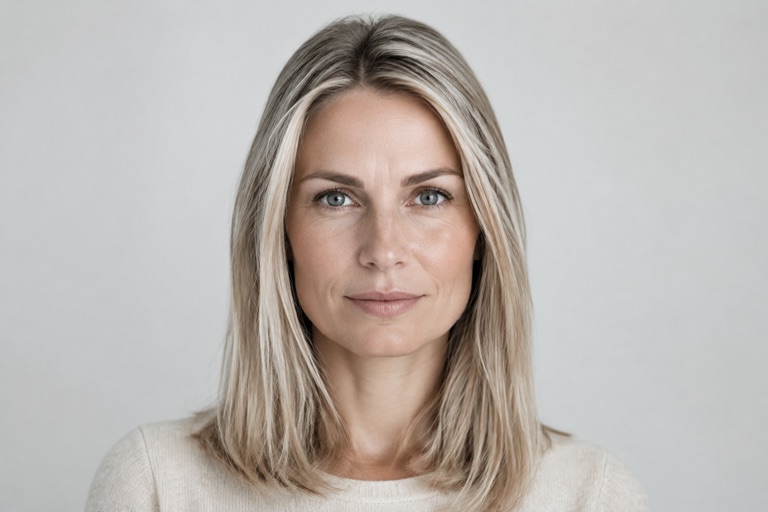 Frau mit glattem Mittelblond und kühler, aschiger Nuance